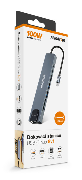 Aligator Dokovací stanice USB-C / Hub 8v1 (USB-C / 2xUSB / SD / MicroSD/ HDTV / RJ45)