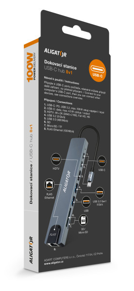 Aligator Dokovací stanice USB-C / Hub 8v1 (USB-C / 2xUSB / SD / MicroSD/ HDTV / RJ45)