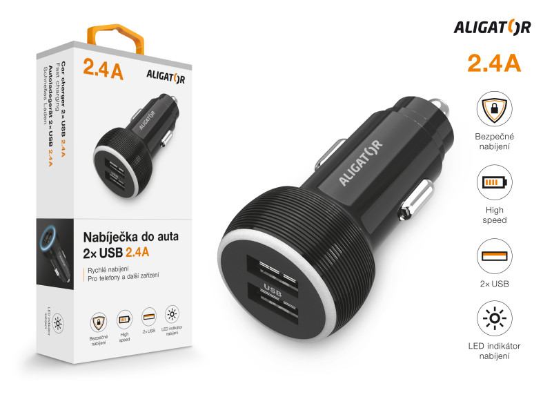 Nabíječka do auta Aligator, 2xUSB 2.4A, originální černá
