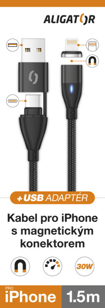 Datový kabel Aligator magnetic 3A 30W, usb-c+usb/lightning 1,5m