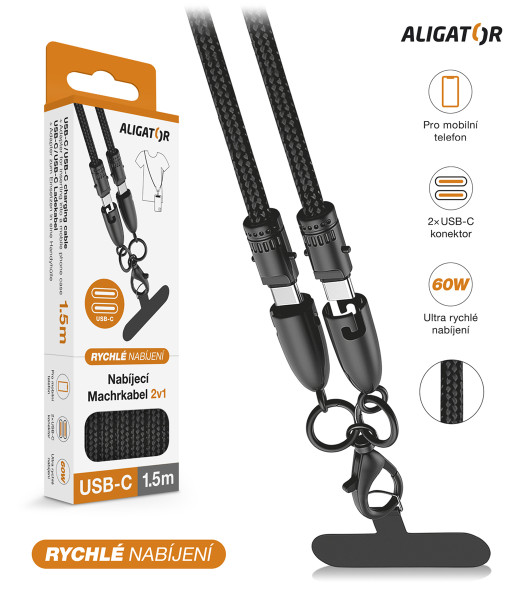 Datový kabel Aligator machrkabel 3A 60W, USB-C/USB-C, černý