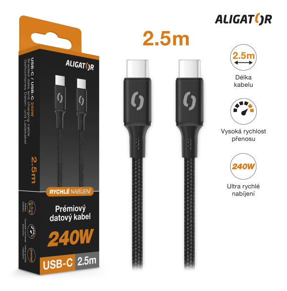 Datový kabel Aligator power 5A 240W, USB-C/USB-C 2,5m