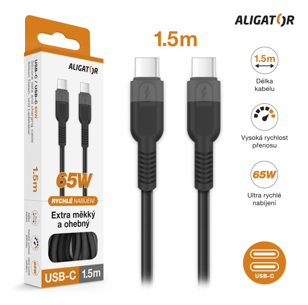 Datový kabel ALIGATOR SoftPastels 3A 65W, USB-C/USB-C, černý