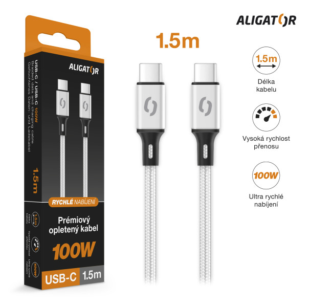 Datový kabel ALIGATOR PREMIUM 5A 100W, USB-C/USB-C, bílý