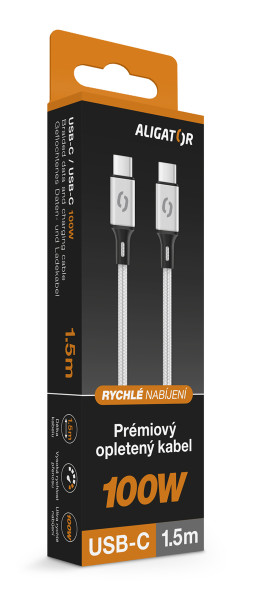 Datový kabel ALIGATOR PREMIUM 5A 100W, USB-C/USB-C, bílý