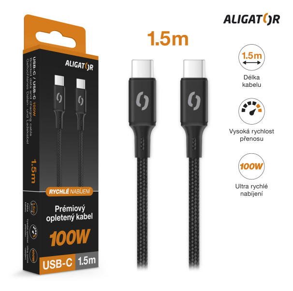 Datový kabel Aligator Premium 5A 100W, USB-C/USB-C, černý