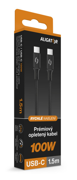 Datový kabel Aligator Premium 5A 100W, USB-C/USB-C, černý