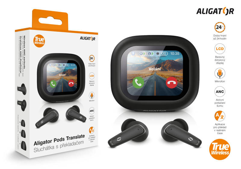 Překladač a tws sluchátka 2v1 Aligator pods translate, černé