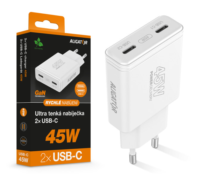 Nabíječka ALIGATOR GaN 45W 2x USB-C bílá