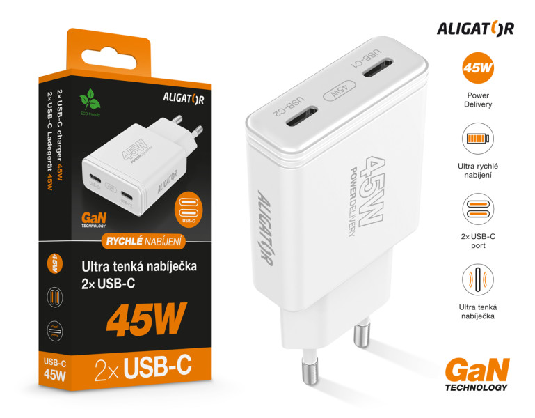 Nabíječka ALIGATOR GaN 45W 2x USB-C bílá